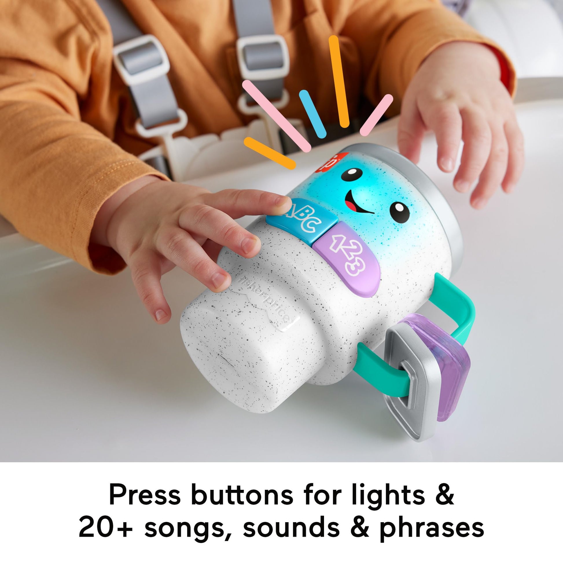 Fisher-Price Laugh & Learn baby toy coffee mug with lights and music, designed for ages 6+ months, in multilang version.