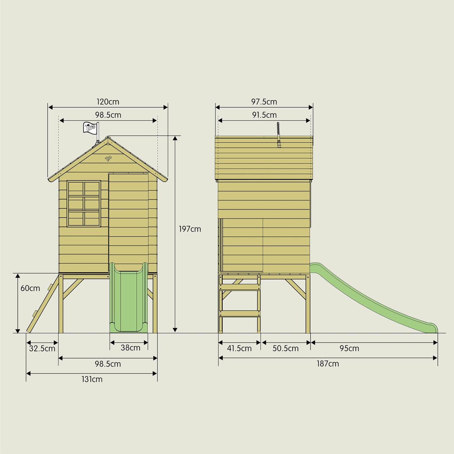 TP Toys Sunnyside Wooden Tower Playhouse with 1.2m slide, outdoor kids' garden playhouse made from FSC-certified European wood