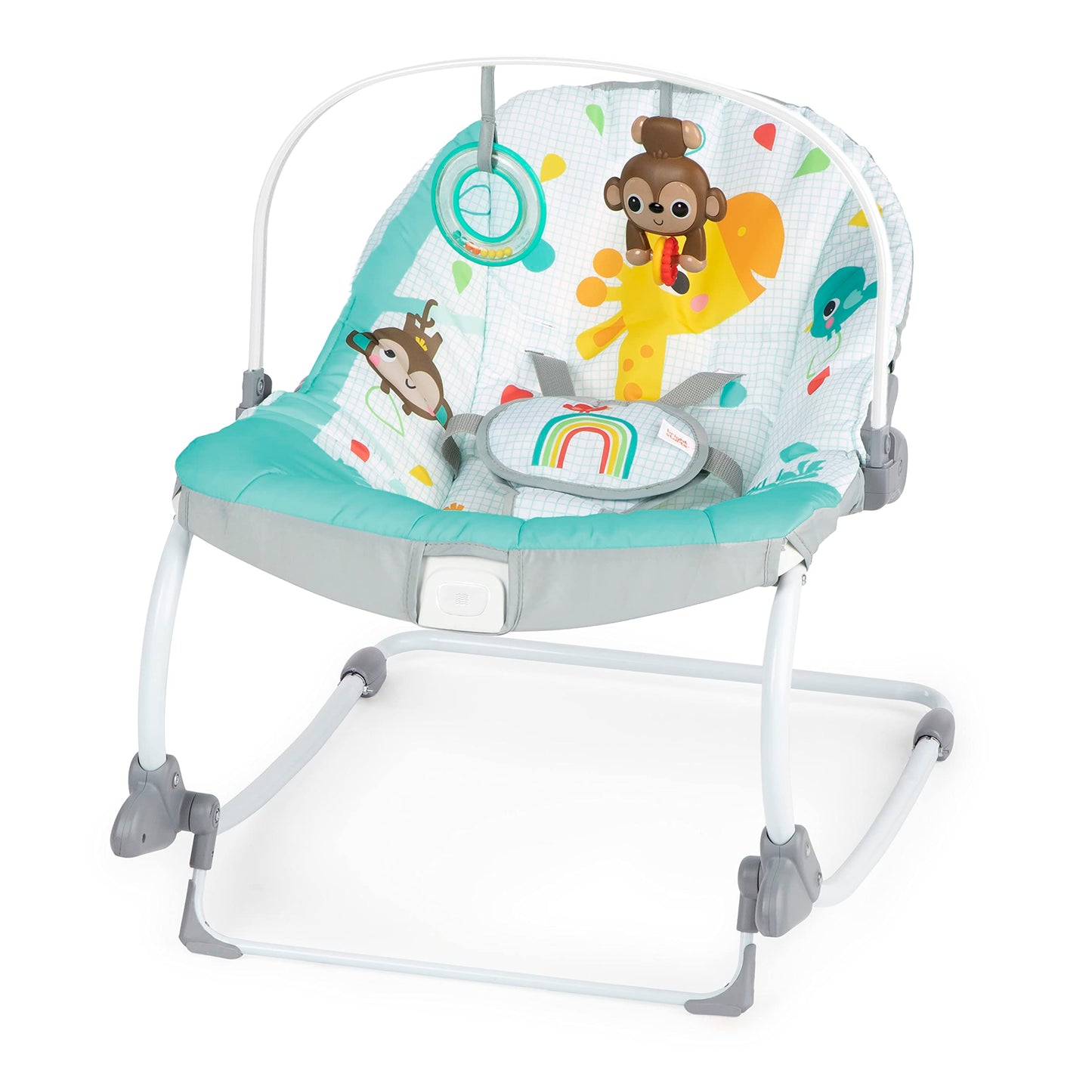 Bright Starts Wild Vibes infant to toddler rocker with vibrations, unisex design for newborns and toddlers, soft fabric seat.