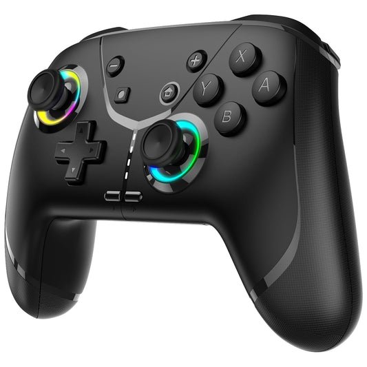 Ligame Switch Wireless Controller in black with RGB lighting, featuring vibration, turbo, macro, motion, and wake-up functions.
