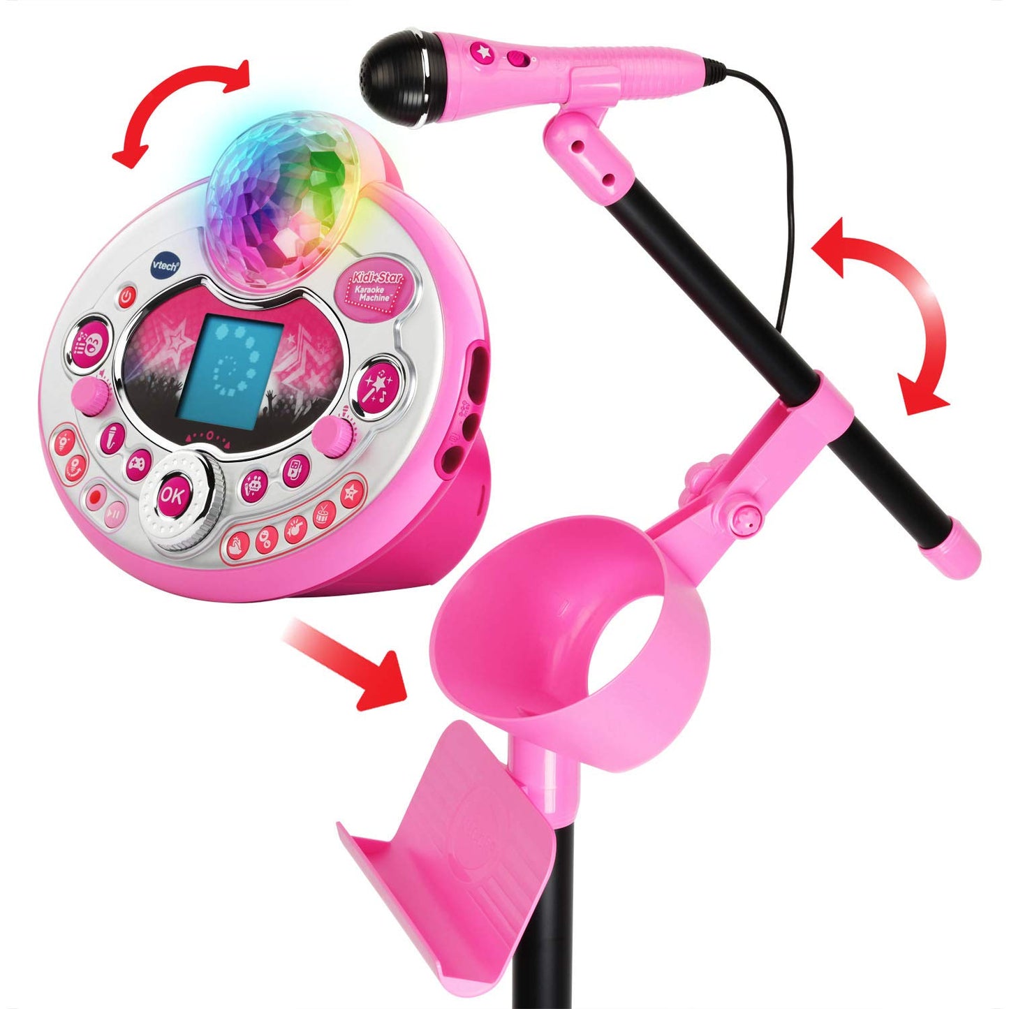 Pink VTech Kidi Star Karaoke System with two microphones, mic stand, and AC adapter, perfect for kids' singing entertainment.