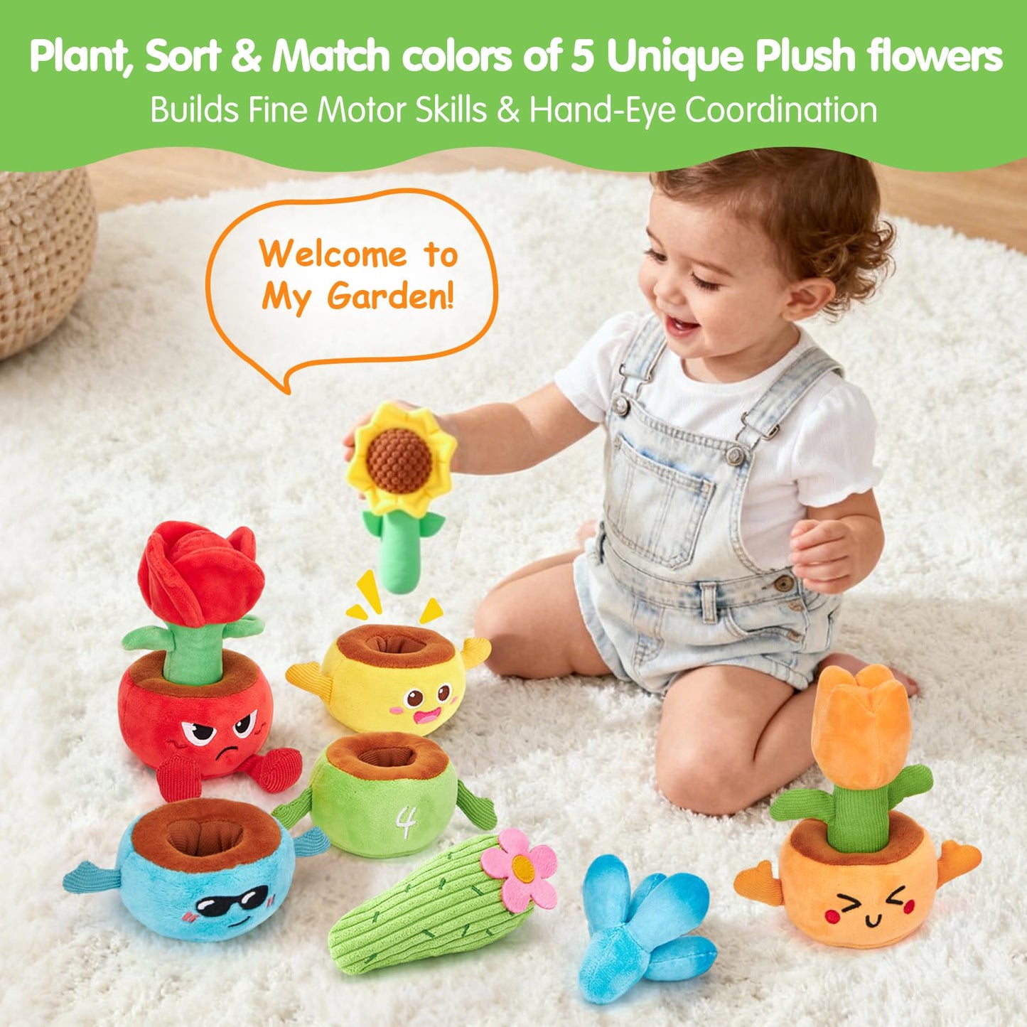 hahaland Baby Sensory Toys 6-12 Months Montessori Toys Sorting Stacking Plugging Baby Toys, 10PCS Fabric Plush Potted Plants & Soft Rattle Flowers Sensory Toy, Various Textured Crinkle Montessori Toy
