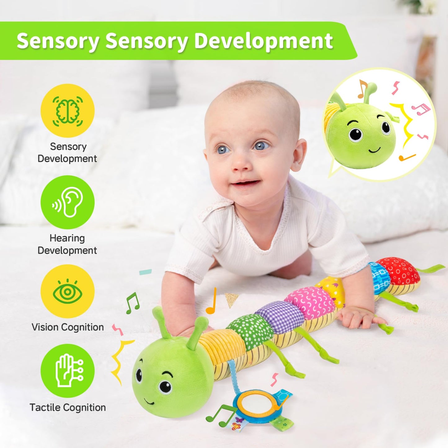 Accevo baby sensory toys including plush musical animals, mirror, and crinkle caterpillar for newborns and infants 0-12 months.