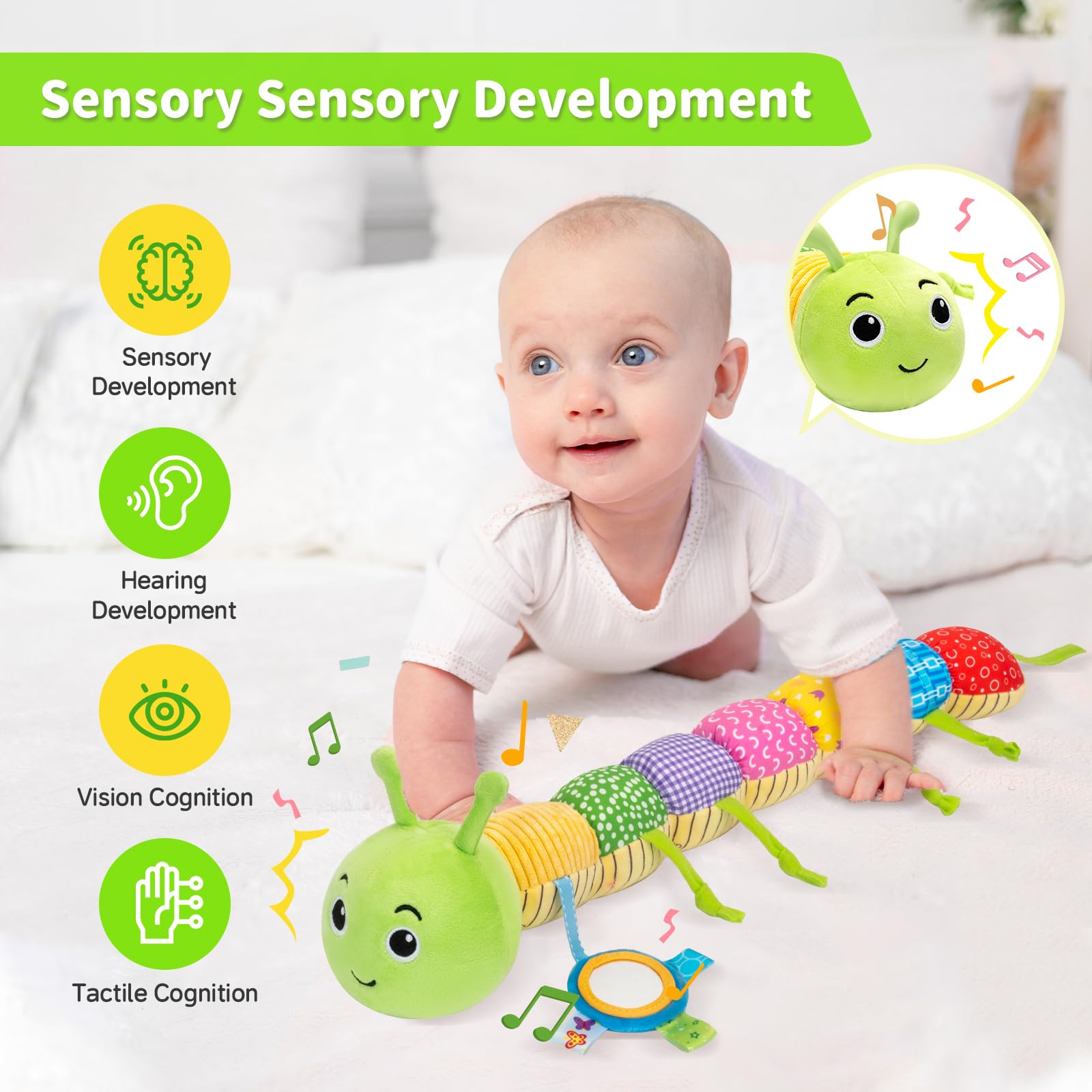 Accevo baby sensory toys including plush musical animals, mirror, and crinkle caterpillar for newborns and infants 0-12 months.