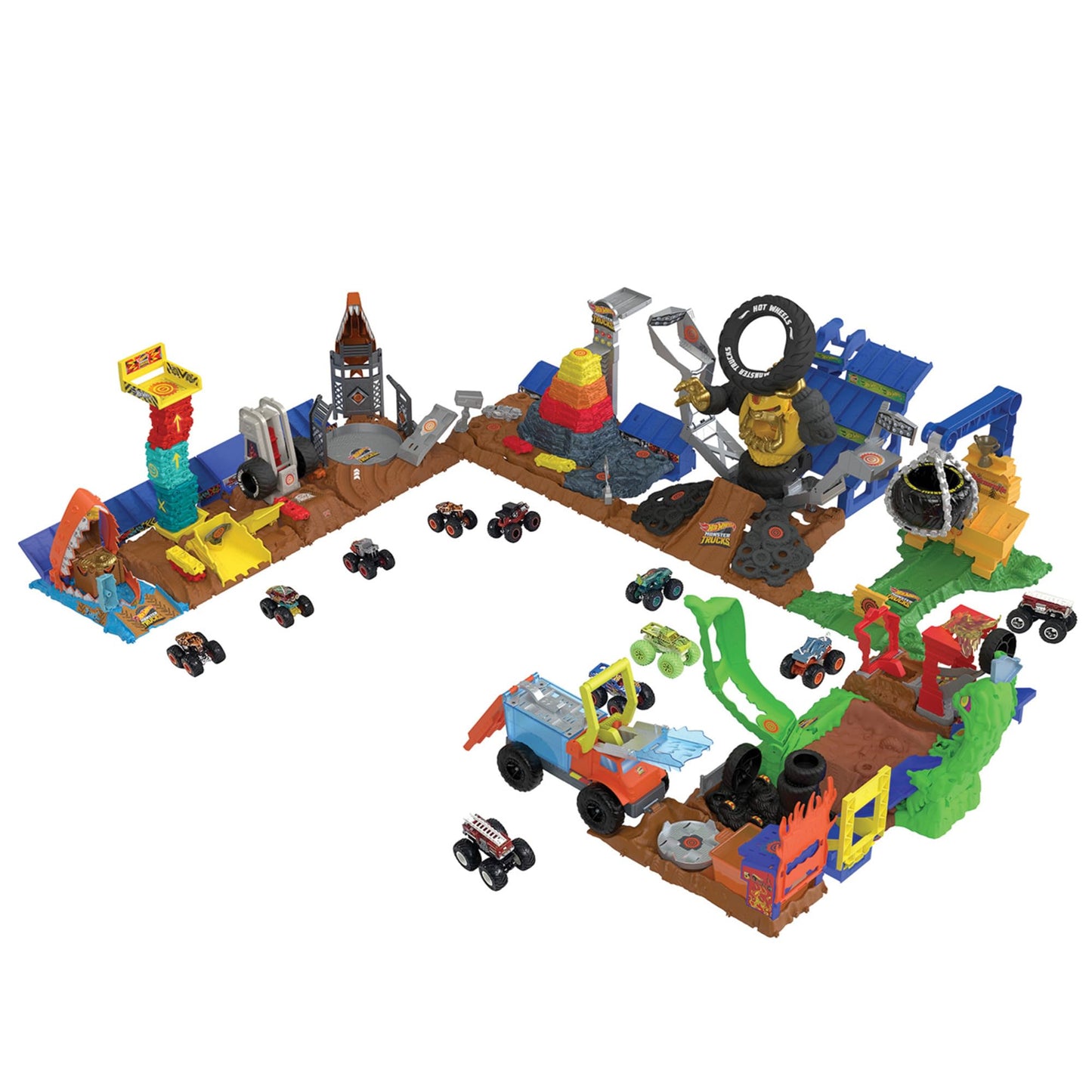 Hot Wheels Monster Trucks Arena Smashers playset featuring Tiger Shark toy truck and a crushed car in action.