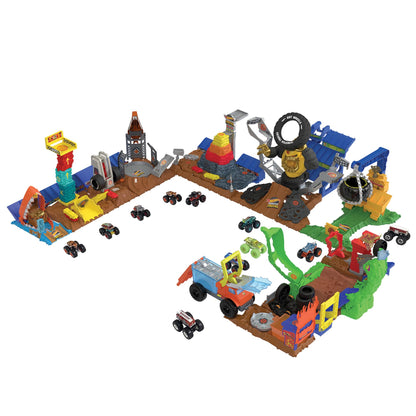 Hot Wheels Monster Trucks Arena Smashers playset featuring Tiger Shark toy truck and a crushed car in action.