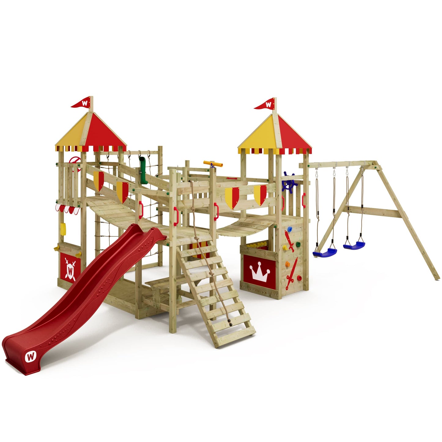 WICKEY Wooden climbing frame Smart Queen with swing set, red-yellow tarp & red slide, Outdoor kids playhouse with sandpit, climbing ladder & play-accessories for the garden