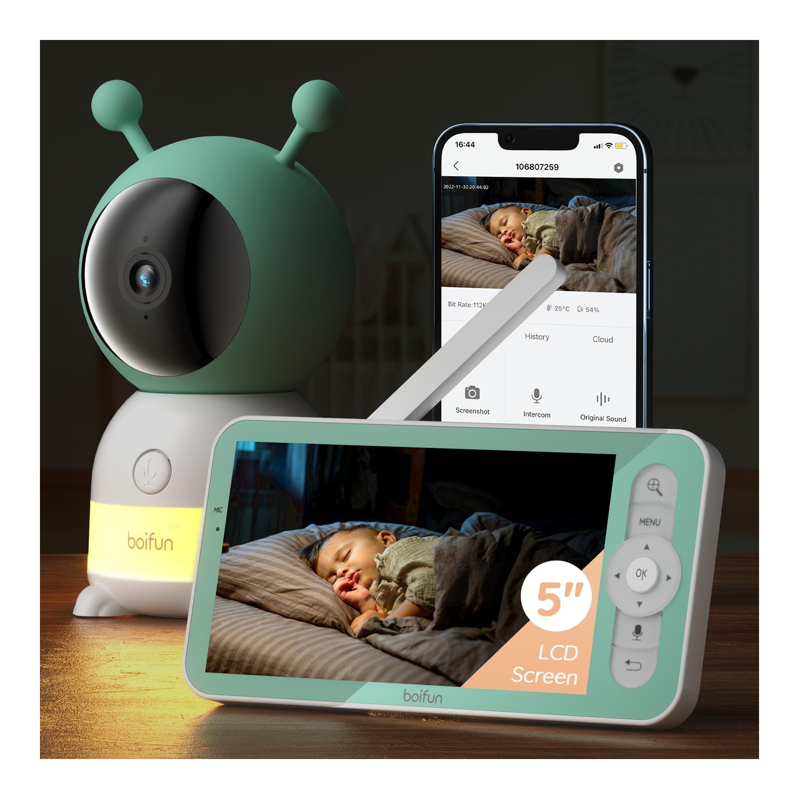 Boifun 2K WiFi baby monitor with 5-inch screen, night vision, PTZ camera, night light, and smartphone app control.
