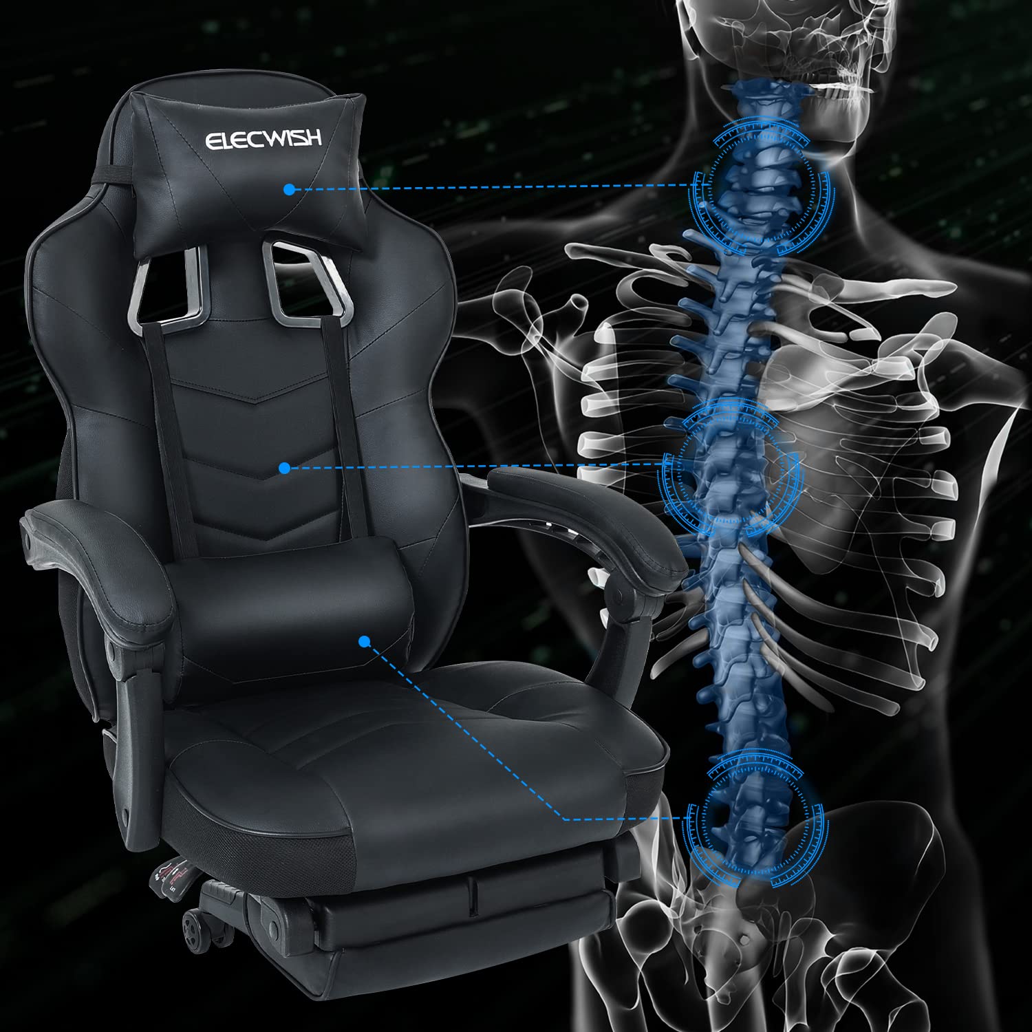 Fullwatt black racing gaming chair with footrest, massage lumbar pillow, swivel, adjustable height, recline, made for adults and e-sports.