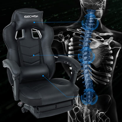 Fullwatt black racing gaming chair with footrest, massage lumbar pillow, swivel, adjustable height, recline, made for adults and e-sports.