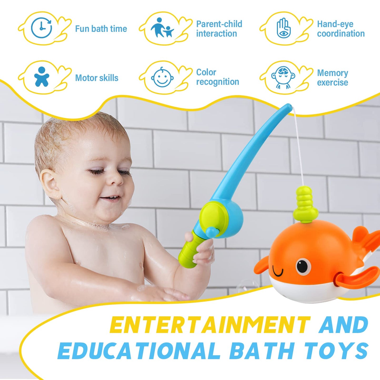 twoonto Baby Bath Toys, Wind Up Magnetic Fishing Games Toy with Fishing Net Floating Pool Bathtub Toys, Montessori Toys for Toddlers, Boys, Girls, 1 2 3 4 5 Years Old, 4 Pcs (Style C)