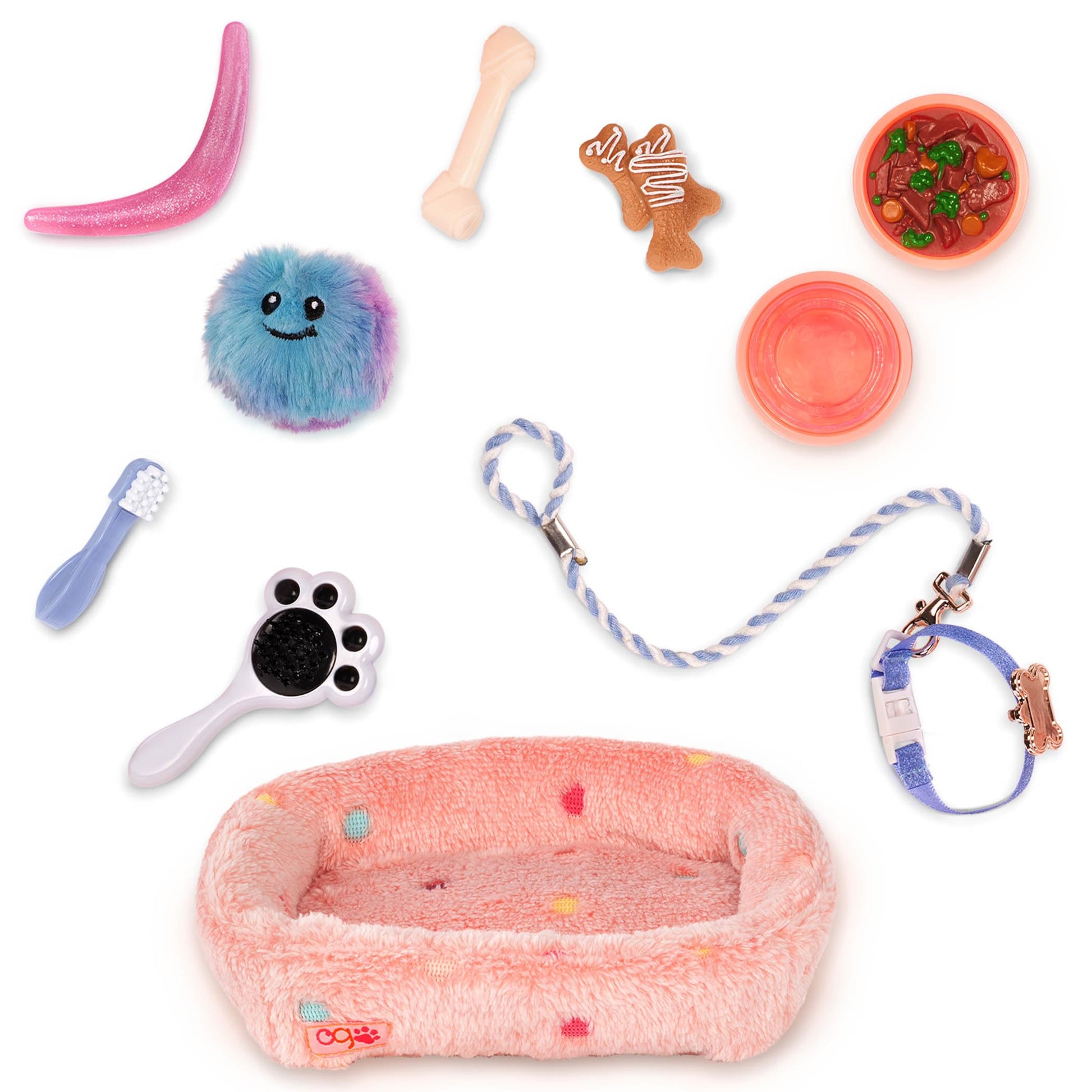 Our Generation Puppy Care & Play Set with toy dog accessories, soft bed, leash, and pretend food for 18-inch doll pets.
