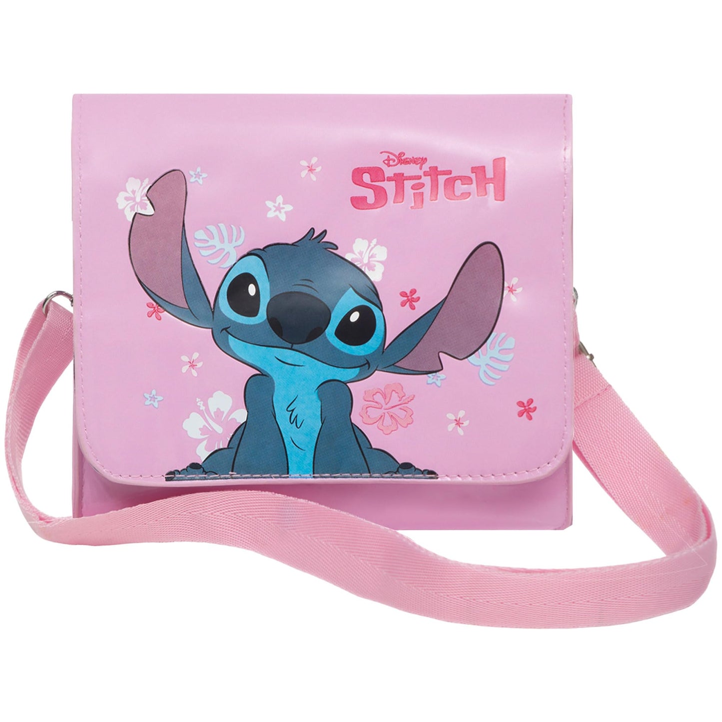 Pink Disney Stitch and Angel girls' shoulder handbag with adjustable strap, featuring Lilo & Stitch characters, perfect for kids.