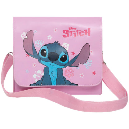 Pink Disney Stitch and Angel girls' shoulder handbag with adjustable strap, featuring Lilo & Stitch characters, perfect for kids.