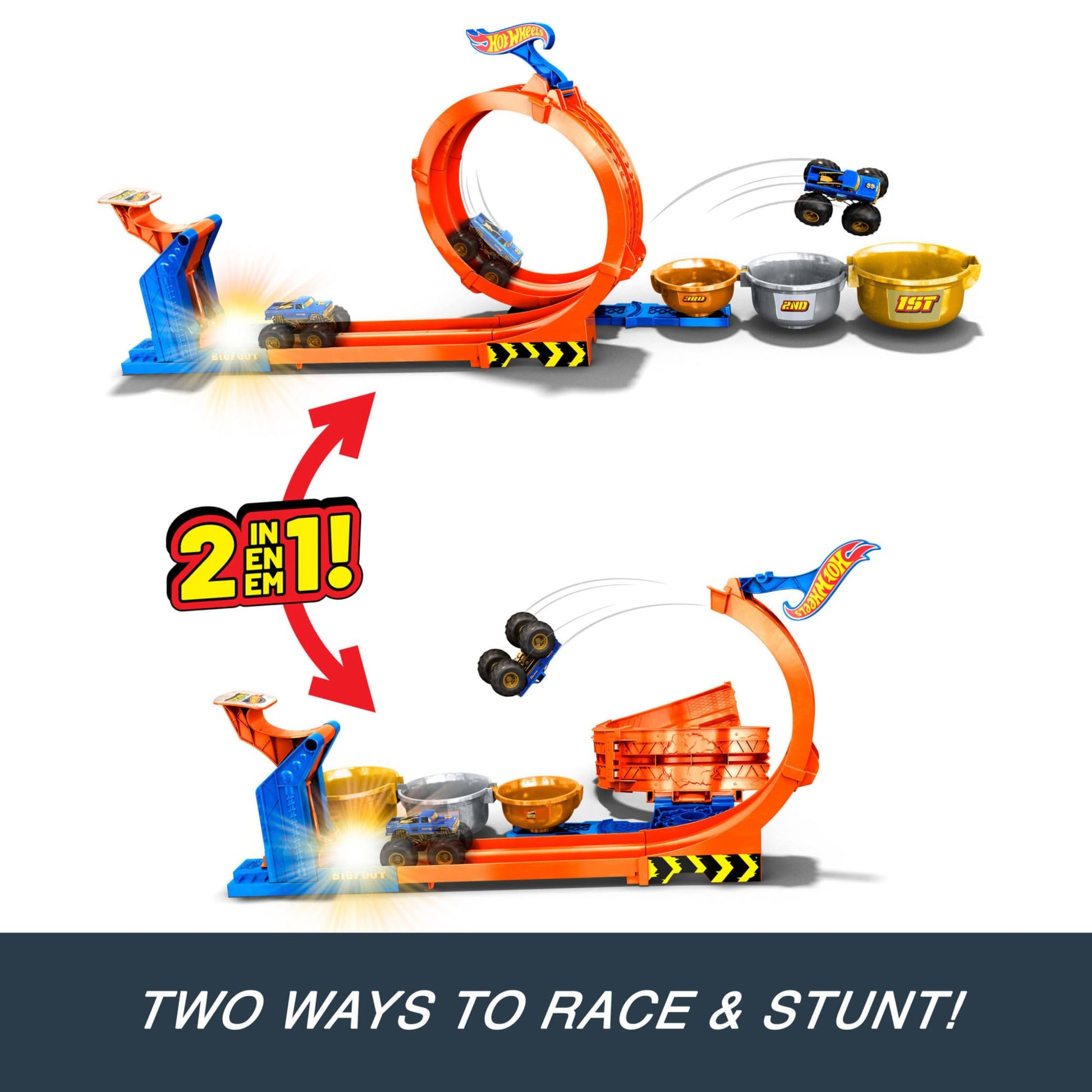 Hot Wheels Monster Trucks toy truck and track set featuring Loop-And-Flip Trophy Challenge with 1:64 scale Bigfoot.