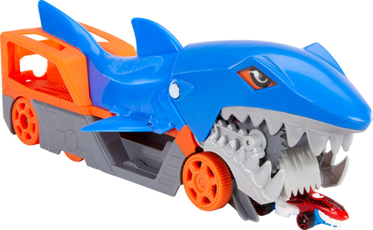 Hot Wheels Shark Chomp Transporter Playset with diecast car, featuring a shark design and vibrant colors for imaginative play.