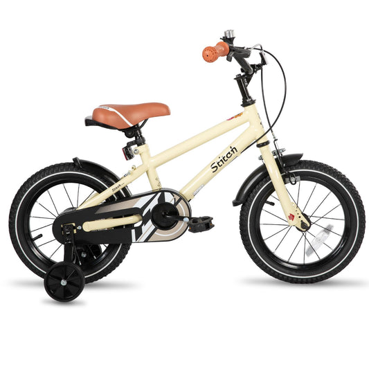 STITCH 16-inch kids bike in beige with stabilizers, designed for boys and girls aged 4-7, featuring 16" wheels.