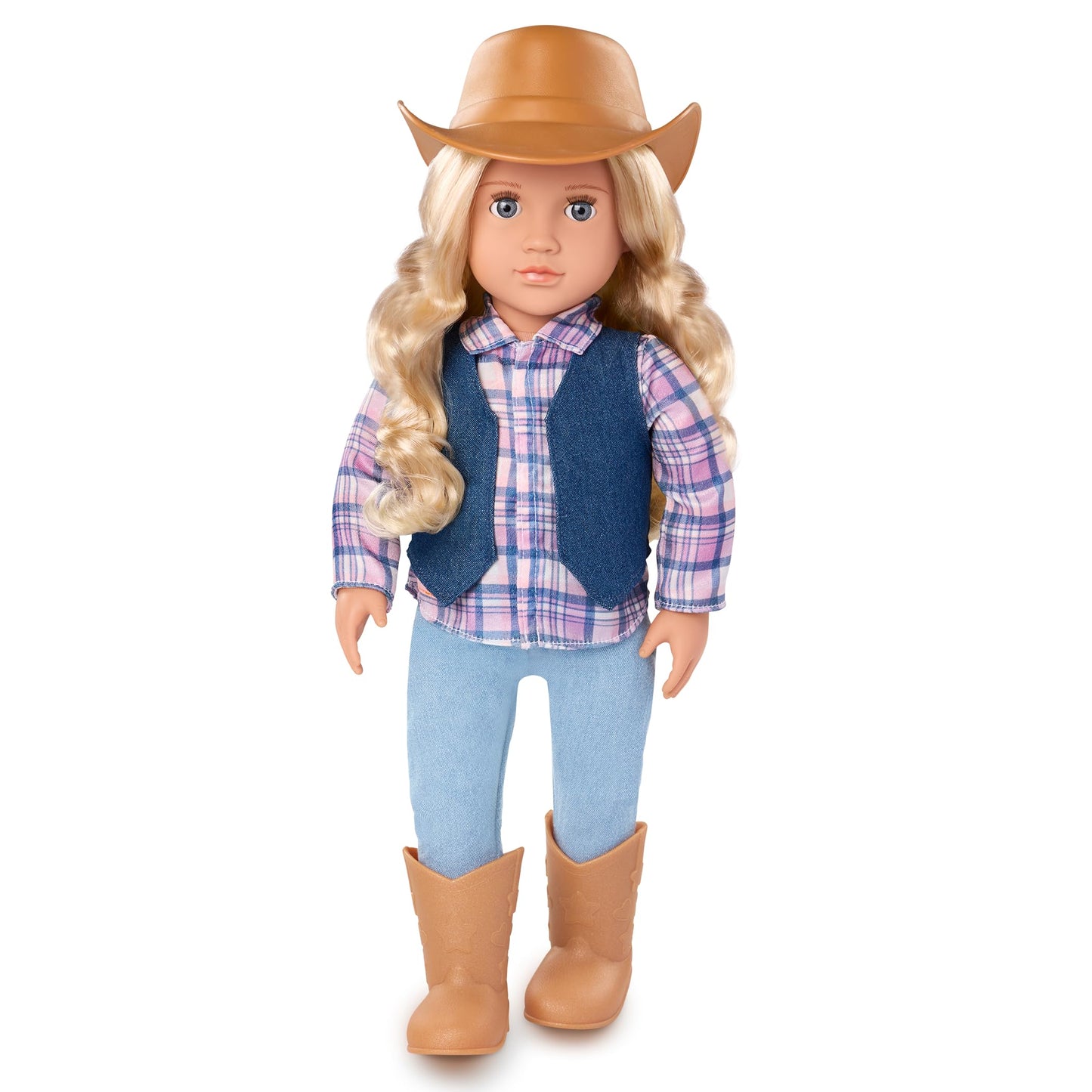 Our Generation Ashleigh Cowgirl Doll with cowboy hat, tall riding boots, and lifelike gray eyes in a western outfit.