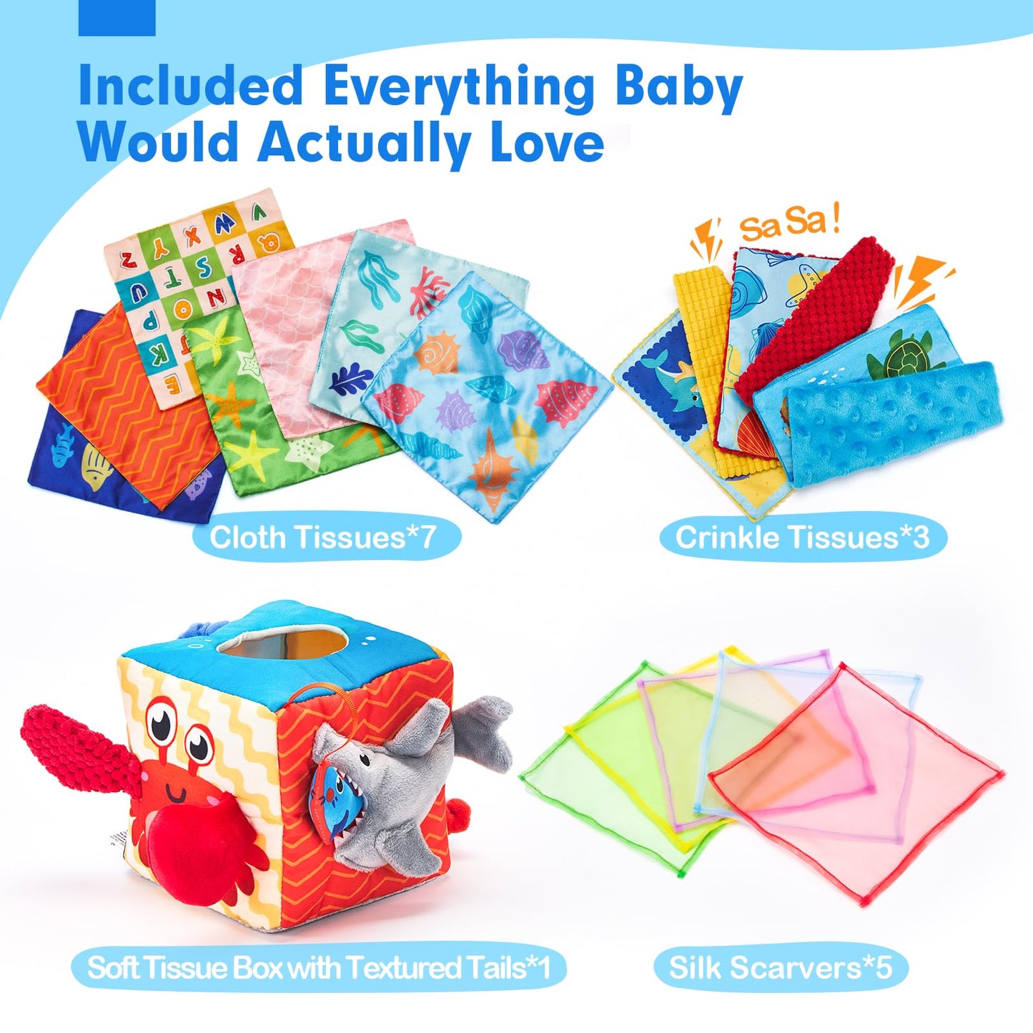 hahaland Baby Tissue Box Toy, Baby Toys 6 Months+ Montessori Toys for 6 Month Old with Textured Tails, Cloth Tissues, Crinkle, Squeaky Sounds, Mirror - Christmas Stocking Stuffers Sensory Toy