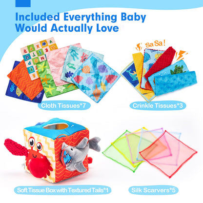hahaland Baby Tissue Box Toy, Baby Toys 6 Months+ Montessori Toys for 6 Month Old with Textured Tails, Cloth Tissues, Crinkle, Squeaky Sounds, Mirror - Christmas Stocking Stuffers Sensory Toy
