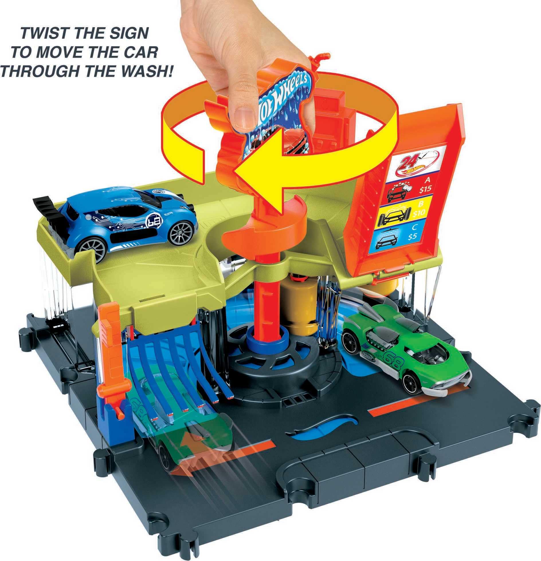 Hot Wheels City Downtown Express Car Wash Playset with foam roller and drying flaps, featuring a 1:64 scale vehicle.