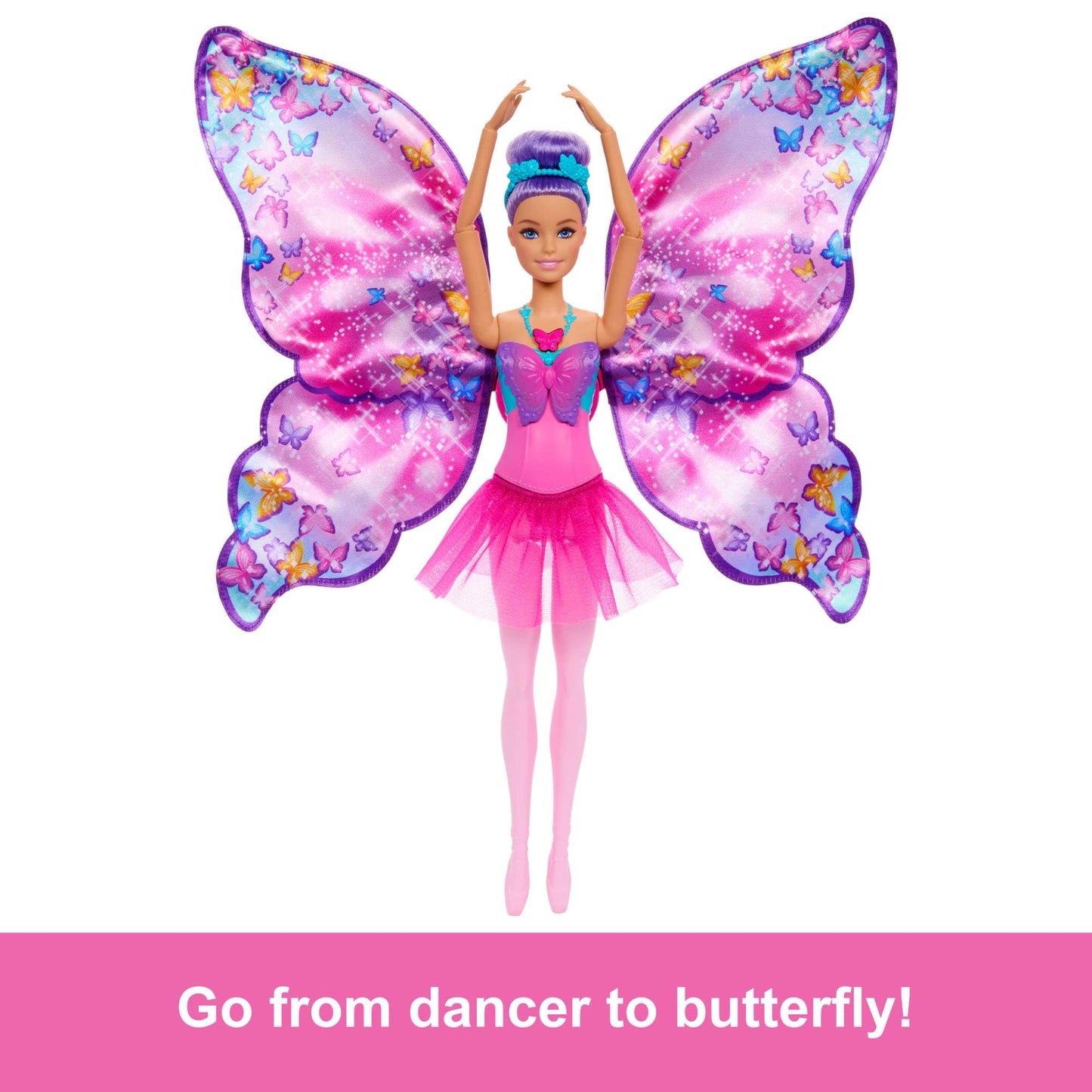 Barbie Dance and Flutter Doll with 2-in-1 Transformation from Dancer to Butterfly with Opening Wings, Purple Hair, Headpiece & Removable Tutu, HXJ10