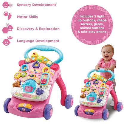 VTech First Steps Baby Walker in pink with colorful shapes, sounds, music, and pretend play features for babies and toddlers.