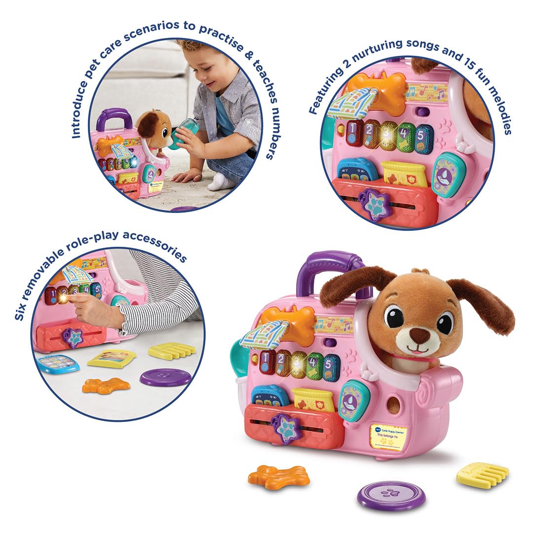 VTech Baby Cutie Puppy Carrier, Interactive Role-Play Toy with 6 Accessories, Light-up Buttons with Music, Sounds & Phrases, Gift for Babies 9, 18, 24 months +