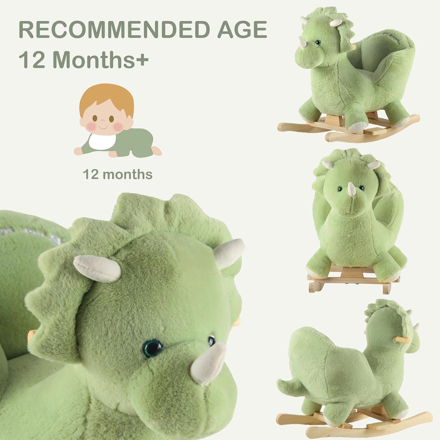 Rock My Baby Plush Rocking Horse - Soft Stuffed Body,Safety Seat Chair, Wooden Rockers, Music Button – Toddler Ride-On Toy for Ages 1–3 (green)