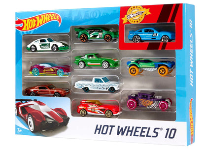 Assorted Hot Wheels die-cast cars in 1:64 scale, featuring race cars, police cars, and firetrucks in a multipack of 10.