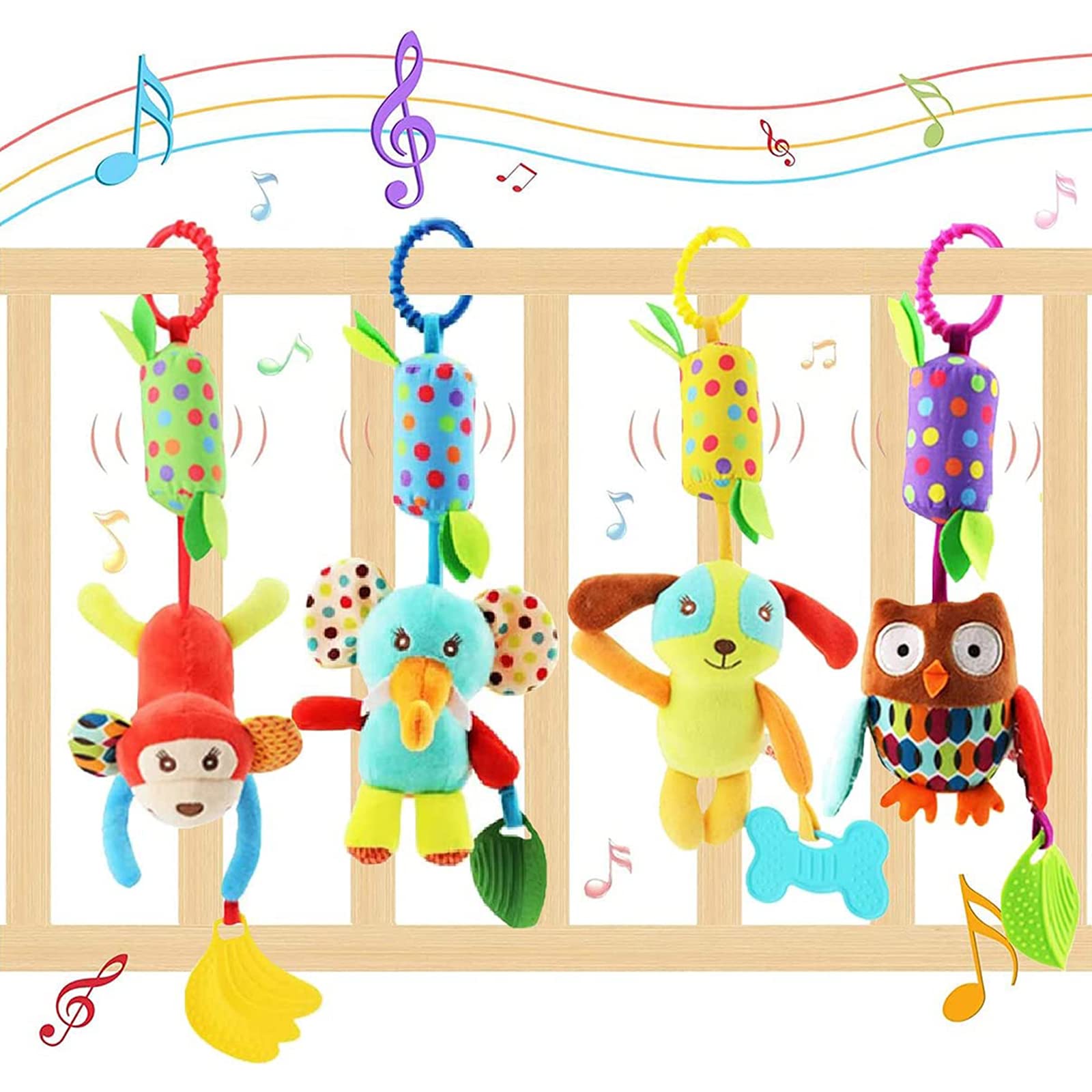 Set of four wohot baby pram plush toys with rattles, teethers, and wind chimes for newborns, suitable for car seats, cribs, and travel.