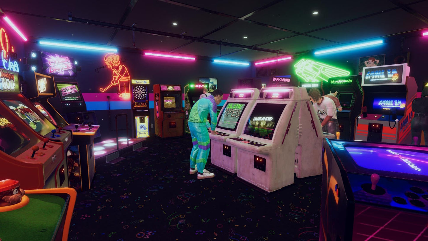 Screenshot of ARCADE PARADISE PS5 game showing colorful arcade game graphics on a PlayStation 5 console interface.