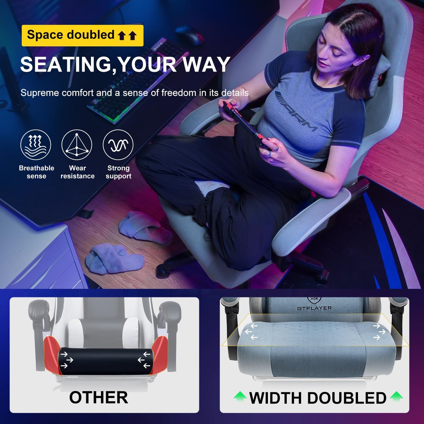 GTPLAYER Fabric Gaming Chair with Footrest, Ergonomic Computer Desk Chair with Pocket Spring Cushion Home Office High Back Support Lumbar Support Heavy Duty Wide
