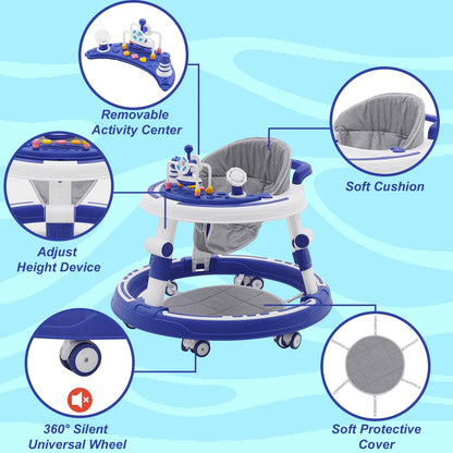 Maycoly foldable baby walker with seat, foot pads, light, sound, round shape, and anti-rollover safety features for infants.