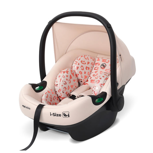 My Babiie MBCS02 i-Size Baby Car Seat - 40-87cm (Birth to 15 Months Approx.), R129, Group 0+, Lightweight Infant Carrier, Large Canopy, Newborn Insert, Adjustable Headrest - Pink Leopard