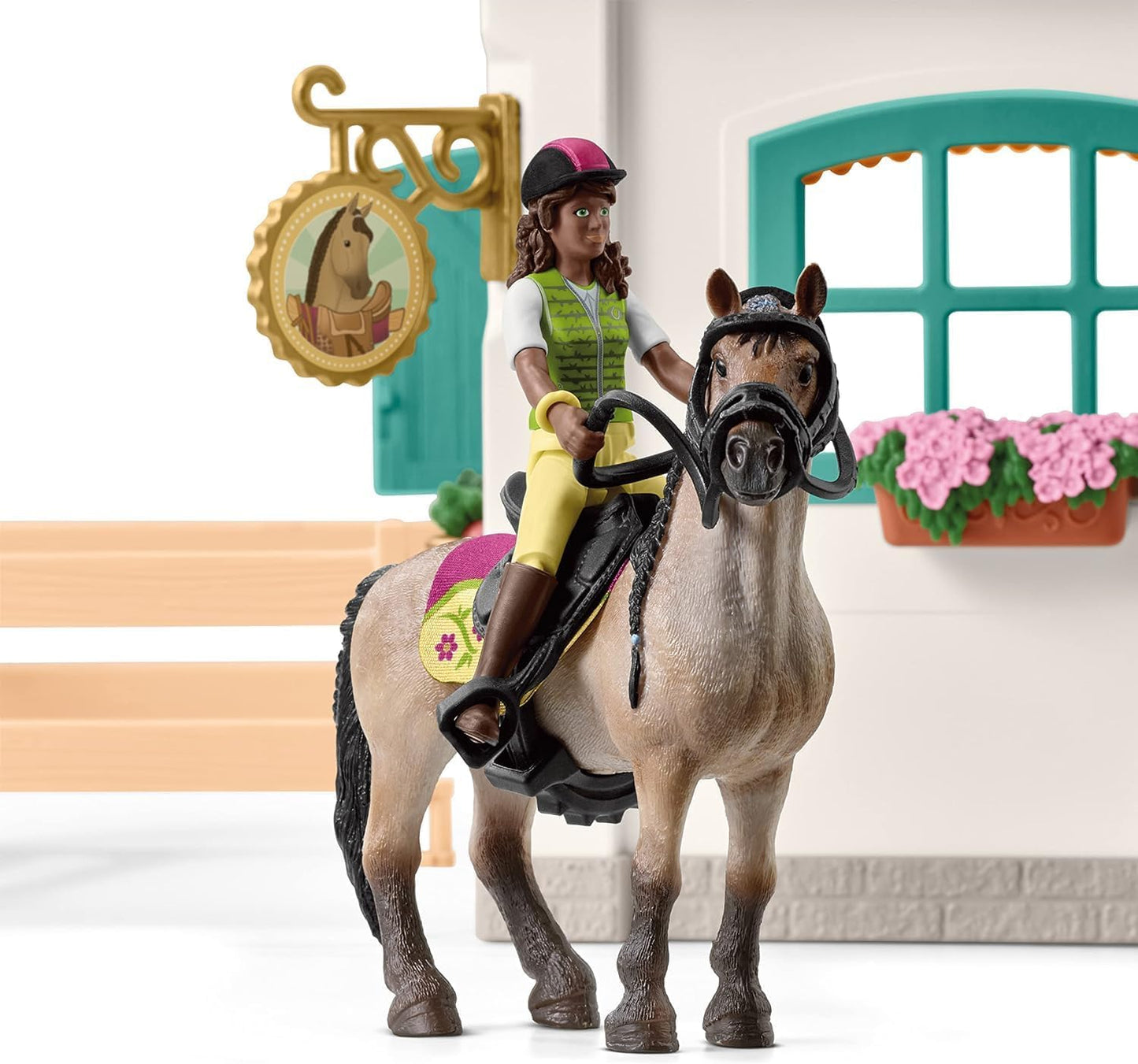 SCHLEICH Horse Club - 85 PC Tack Room Stable Extension Toy Playset with Rider Action Figure, Horse Figurine and Accessories for Girls and Boys - Interactive, Realistic Kids Toys Ages 5+ - 42591
