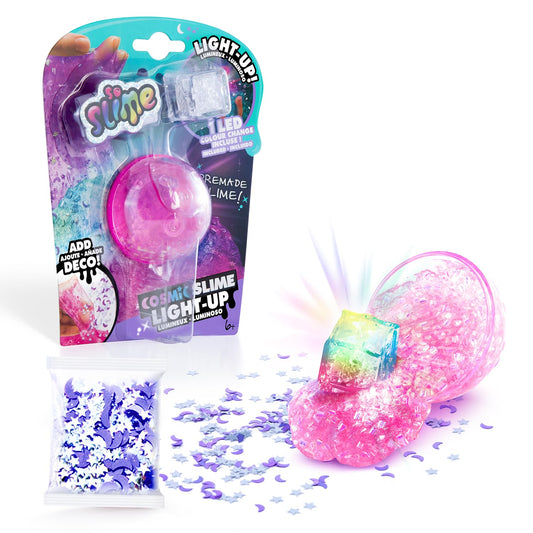 Color-changing LED cosmic slime set by Canal Toys with decorations, glow-in-the-dark features, and sensory slime for kids aged 6+.