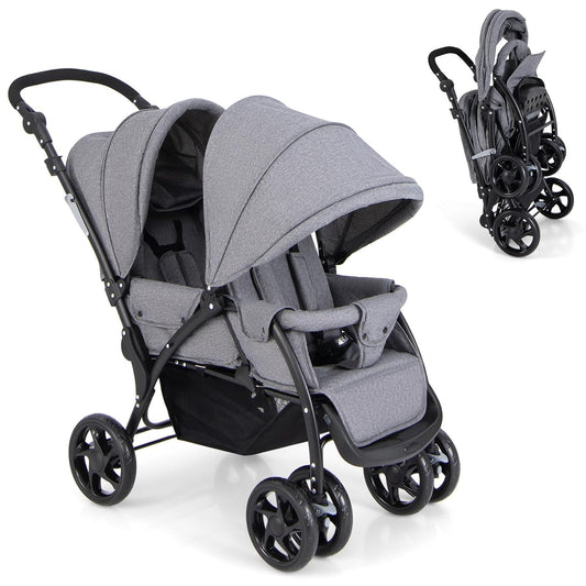 Foldable Twin Stroller, Double Baby Pushchair w/Multi-Level Backrest, Canopy, Handle & Footrest, Safety Belt & Brake System, Travel Tandem Seating Stroller w/Lockable Wheels (Gray)