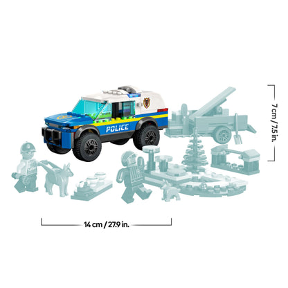 LEGO 60369 City Mobile Police Dog Training Set with SUV, trailer, obstacle course, and puppy figures for kids aged 5+.