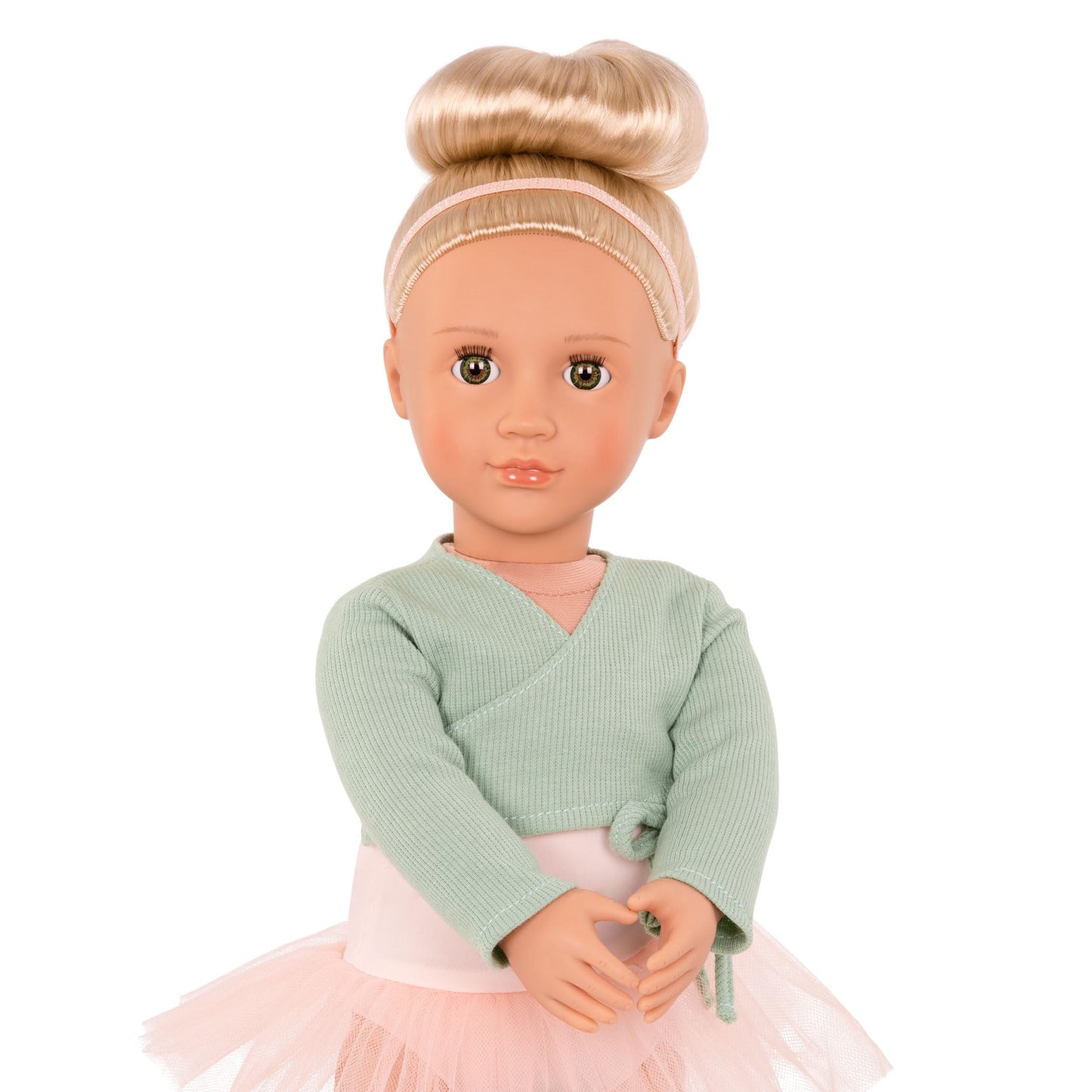 Our Generation Viola Ballerina Doll in pink tutu, 18-inch soft body with dance clothing set for kids aged 3 and up.