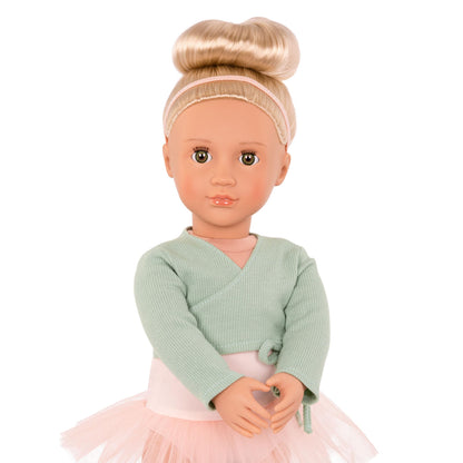 Our Generation Viola Ballerina Doll in pink tutu, 18-inch soft body with dance clothing set for kids aged 3 and up.