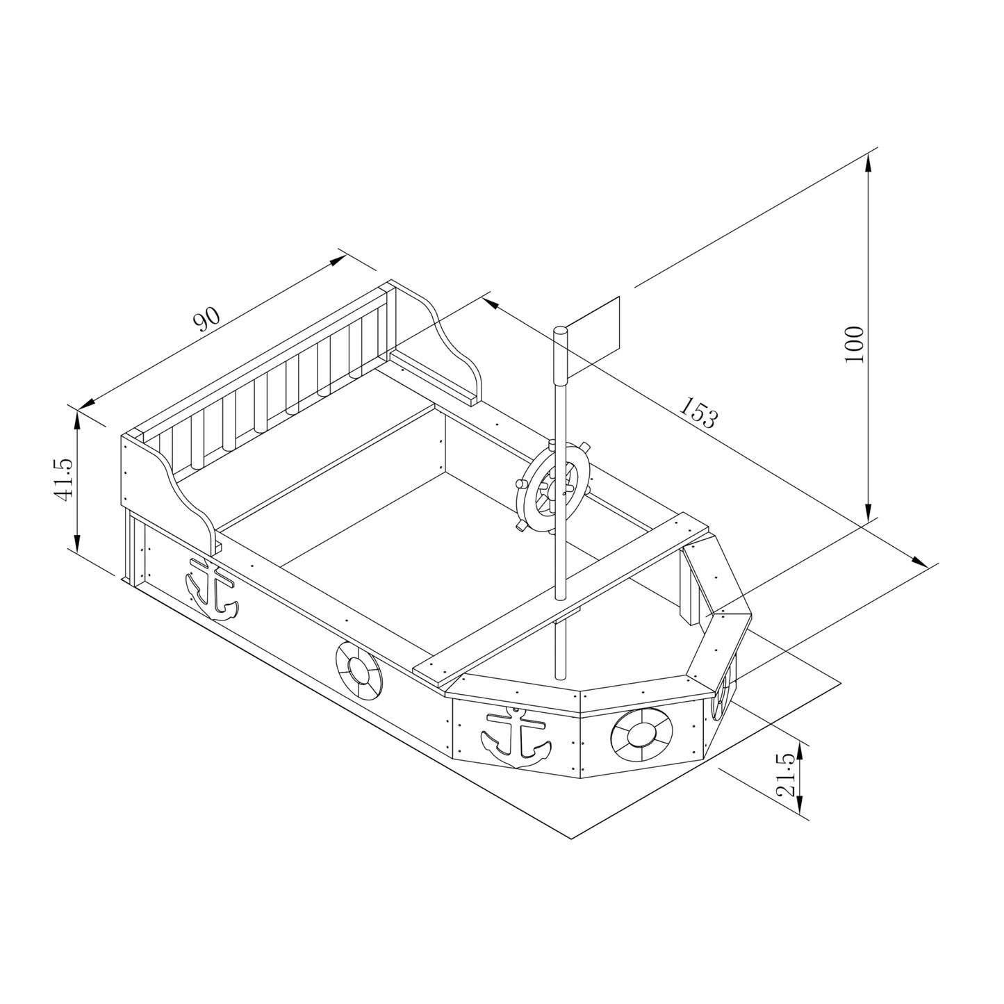 AXI Doris wooden boat-shaped sandbox with bench, storage, rotating rudder mast, cover, and ground cloth, measuring 153x90x100 cm
