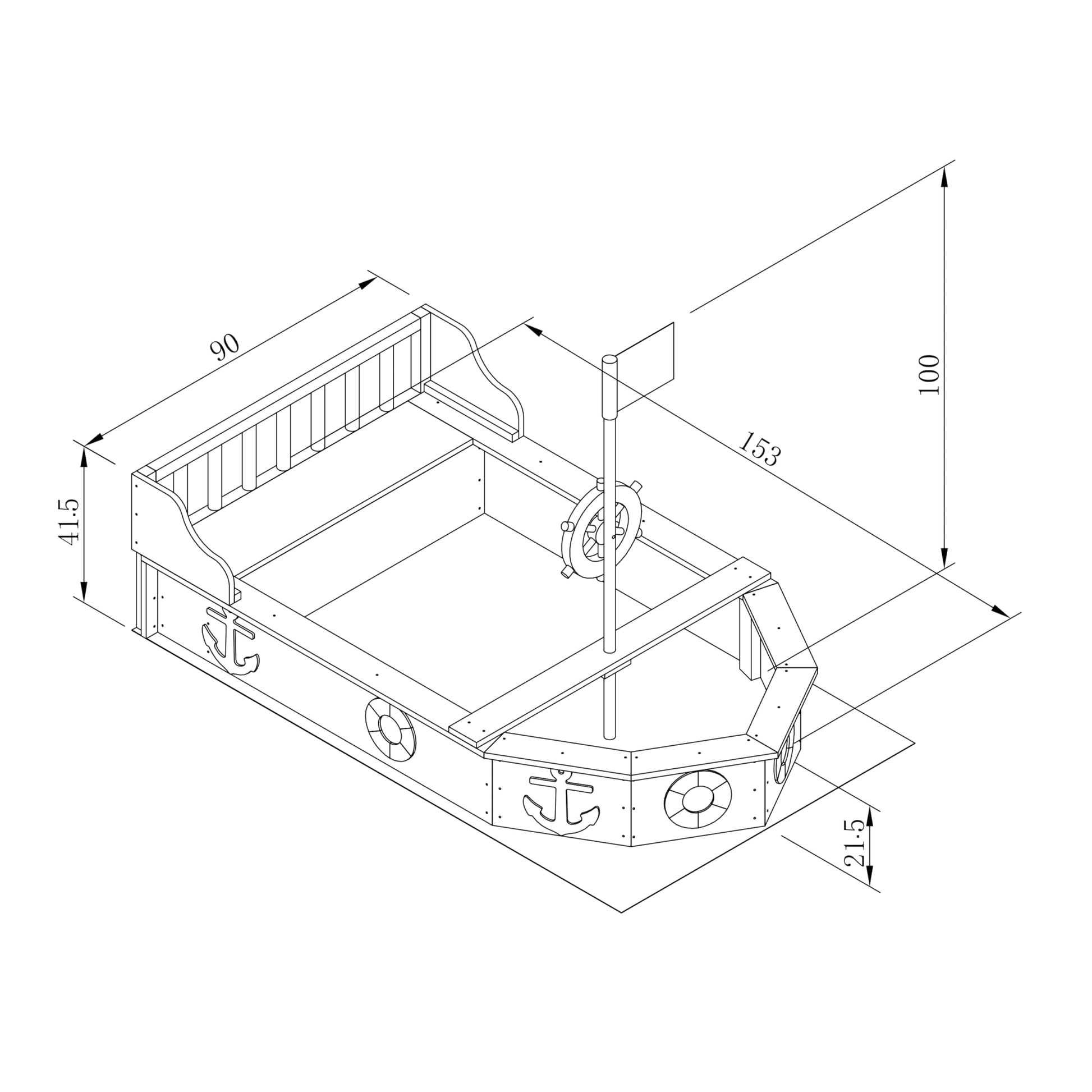 AXI Doris wooden boat-shaped sandbox with bench, storage, rotating rudder mast, cover, and ground cloth, measuring 153x90x100 cm