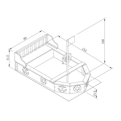 AXI Doris wooden boat-shaped sandbox with bench, storage, rotating rudder mast, cover, and ground cloth, measuring 153x90x100 cm