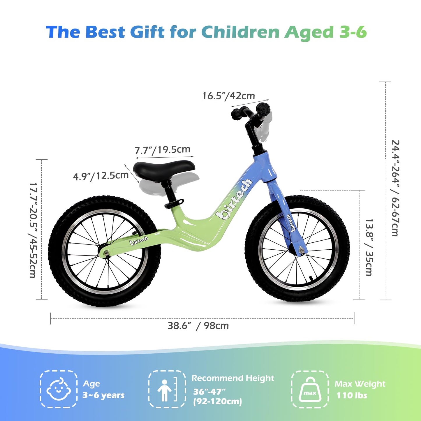 Hello-5ive 14" Kids Balance Bike for 3,4,5,6 Year Old Boys and Girls, Air Tires with Magnesium Alloy Frame, Lightweight No Pedal Toddler Training Bicycle (green&blue)