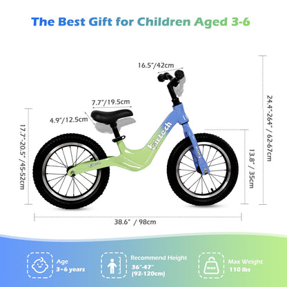 Hello-5ive 14" Kids Balance Bike for 3,4,5,6 Year Old Boys and Girls, Air Tires with Magnesium Alloy Frame, Lightweight No Pedal Toddler Training Bicycle (green&blue)