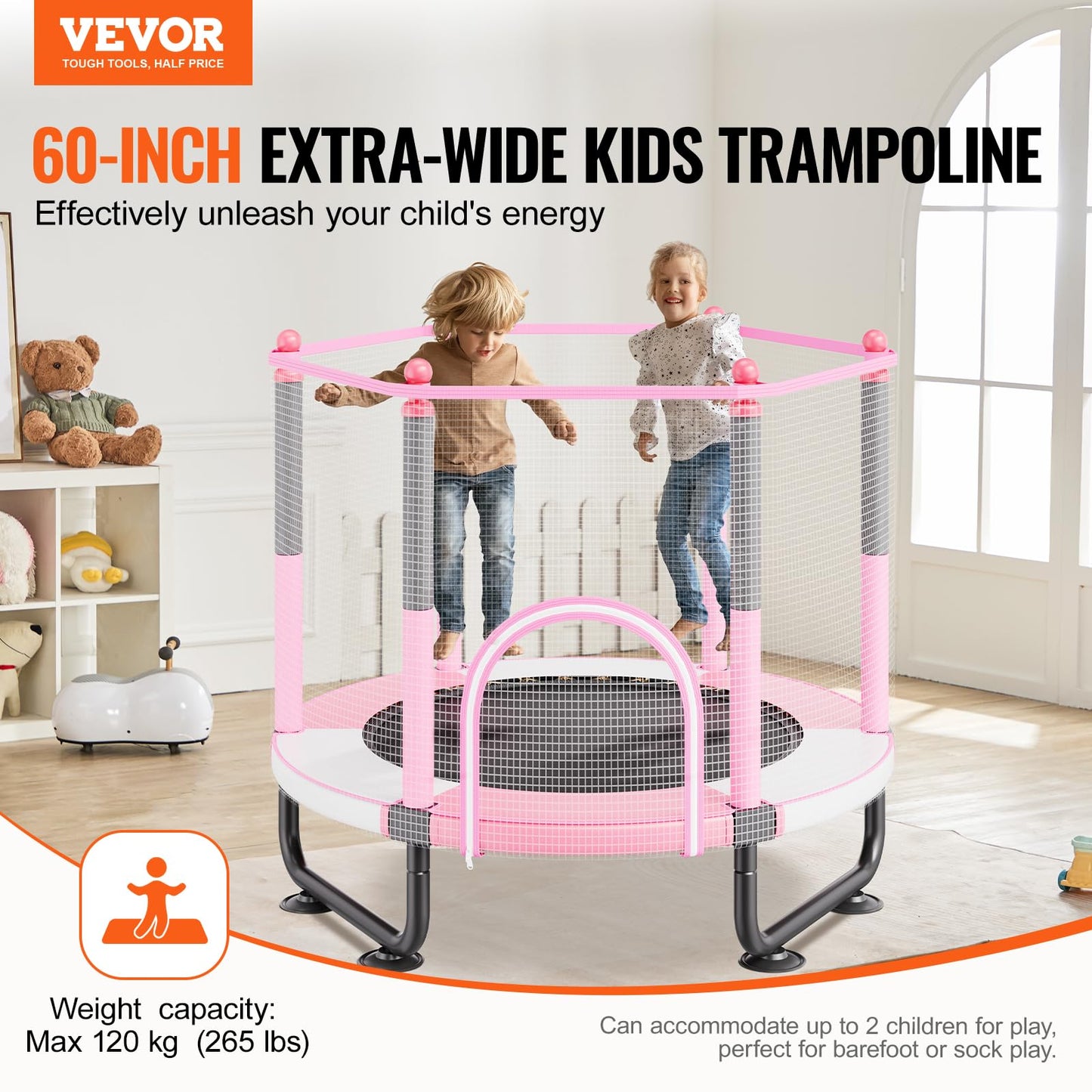 VEVOR 60" Kids Trampoline, 5FT Indoor Outdoor Trampoline, Mini Toddler Recreational Trampolinewith Safety Enclosure Net and Basketball Hoop, Birthday Gifts Christmas Toys for 3+ Years Children, Pink