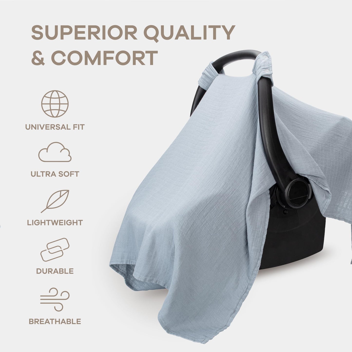 Comfy Cubs muslin cotton baby car seat cover in Pacific Blue, soft, breathable, lightweight with sun protection canopy for infants.