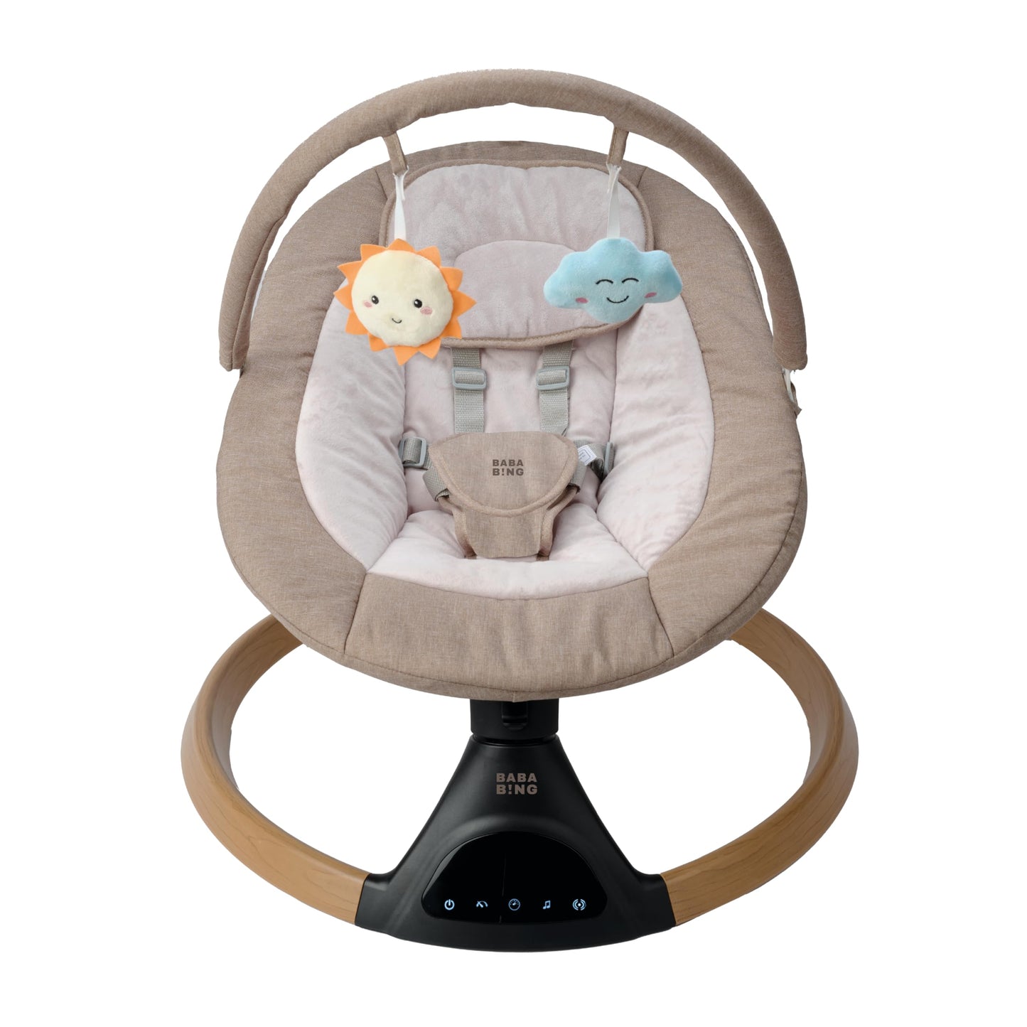 BABA BING beige electric baby swing chair with Bluetooth, digital display, and five swinging options for infants.