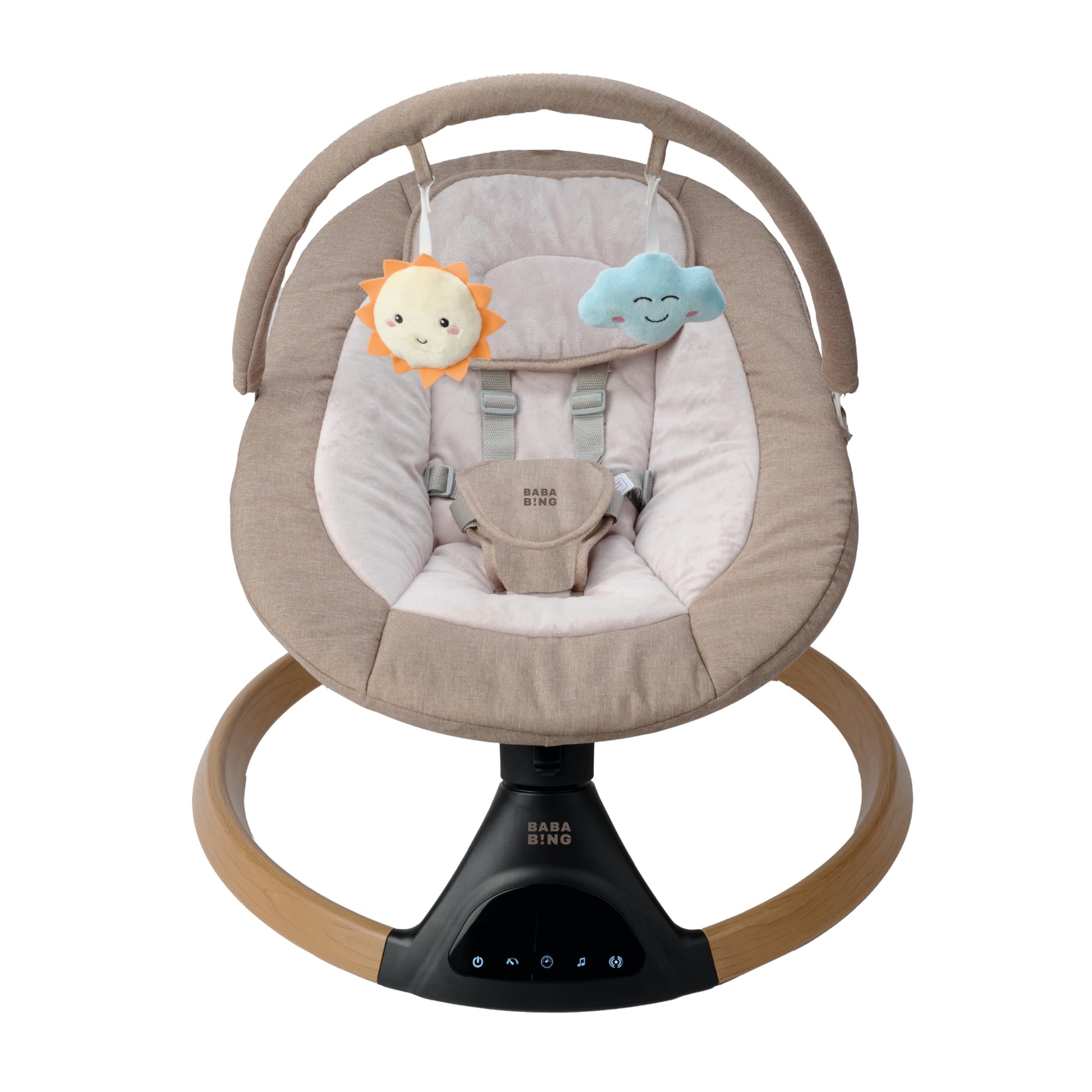 BABA BING beige electric baby swing chair with Bluetooth, digital display, and five swinging options for infants.